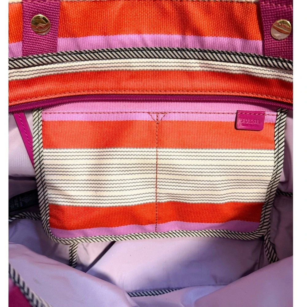 Fossil Key-Per Striped Canvas Tote Bag Orange Pink Shoulder Bag